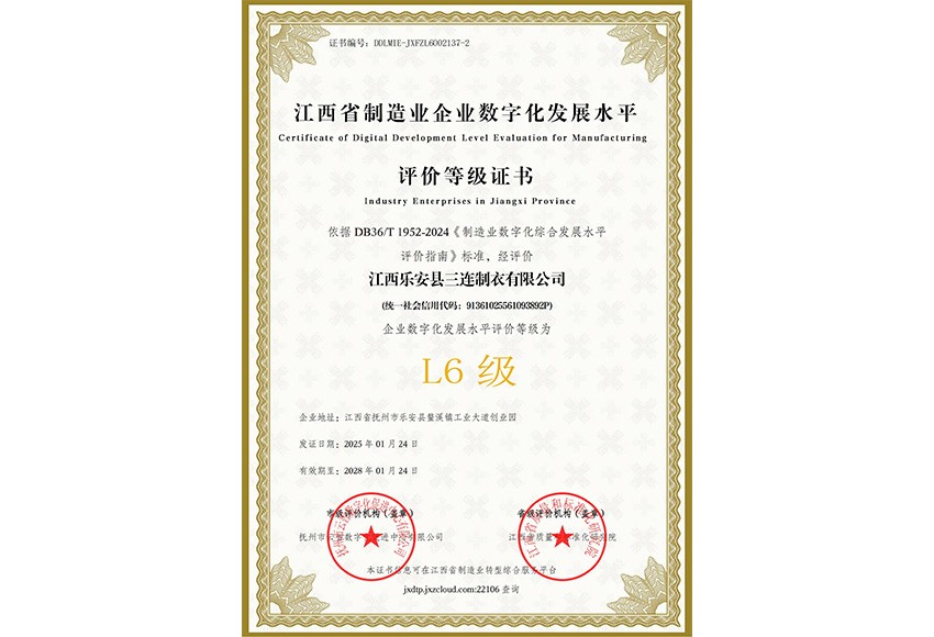 荣获L6级江西省制造业企业数字化发展水平评价等级证书